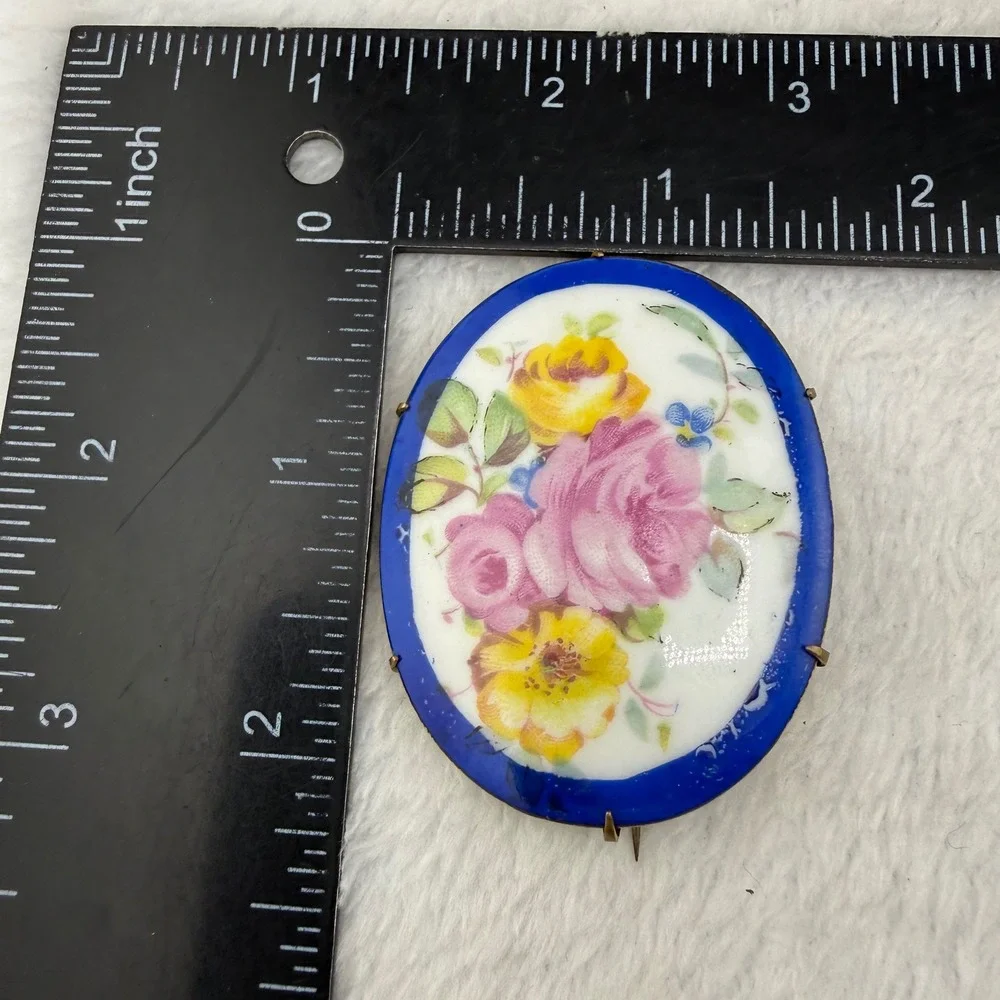Vintage Victorian Brooch Blue Hand Painted Porcelain Pink  Gold Tone Oval READ